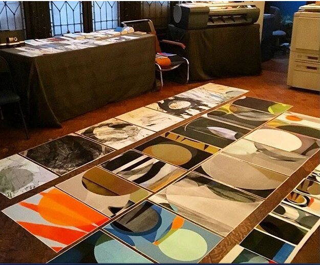 Lesley Schiff studio view with artworks arranged on the floor