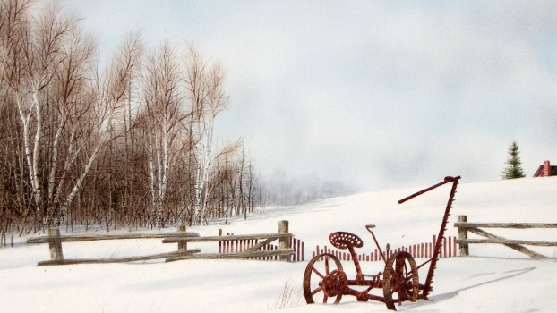 Winter landscape with a red farm implement by Conrad Mieschke