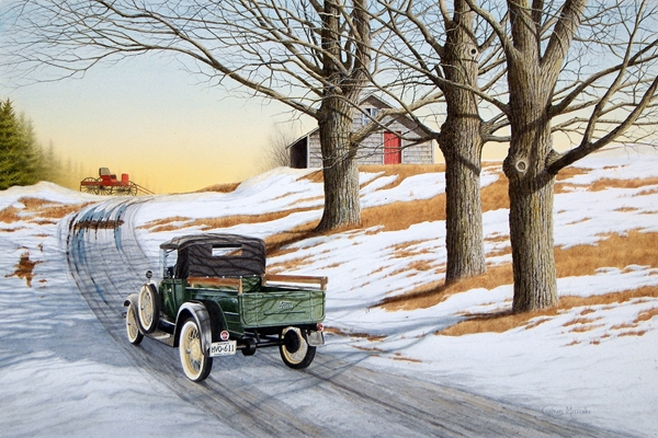 Winter road with vintage car by Conrad Mieschke